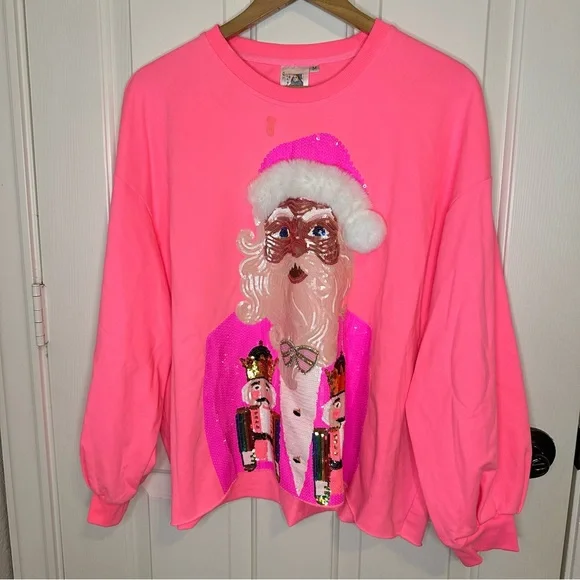 Queen Of Sparkles Neon Pink Nutcracker Santa Claus Bling Sweatshirt *FLAWED* - Picture 2 of 11